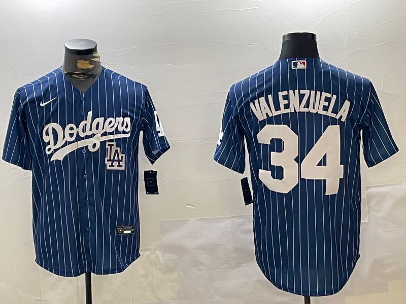 Men Los Angeles Dodgers 34 Valenzuela Blue Stripe Game 2024 Nike MLB Jersey style 112010